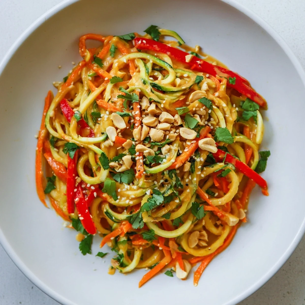 Cool, spiralized Zesty Peanut Zucchini Noodles, coated in sauce and garnished with peanuts and fresh cilantro.