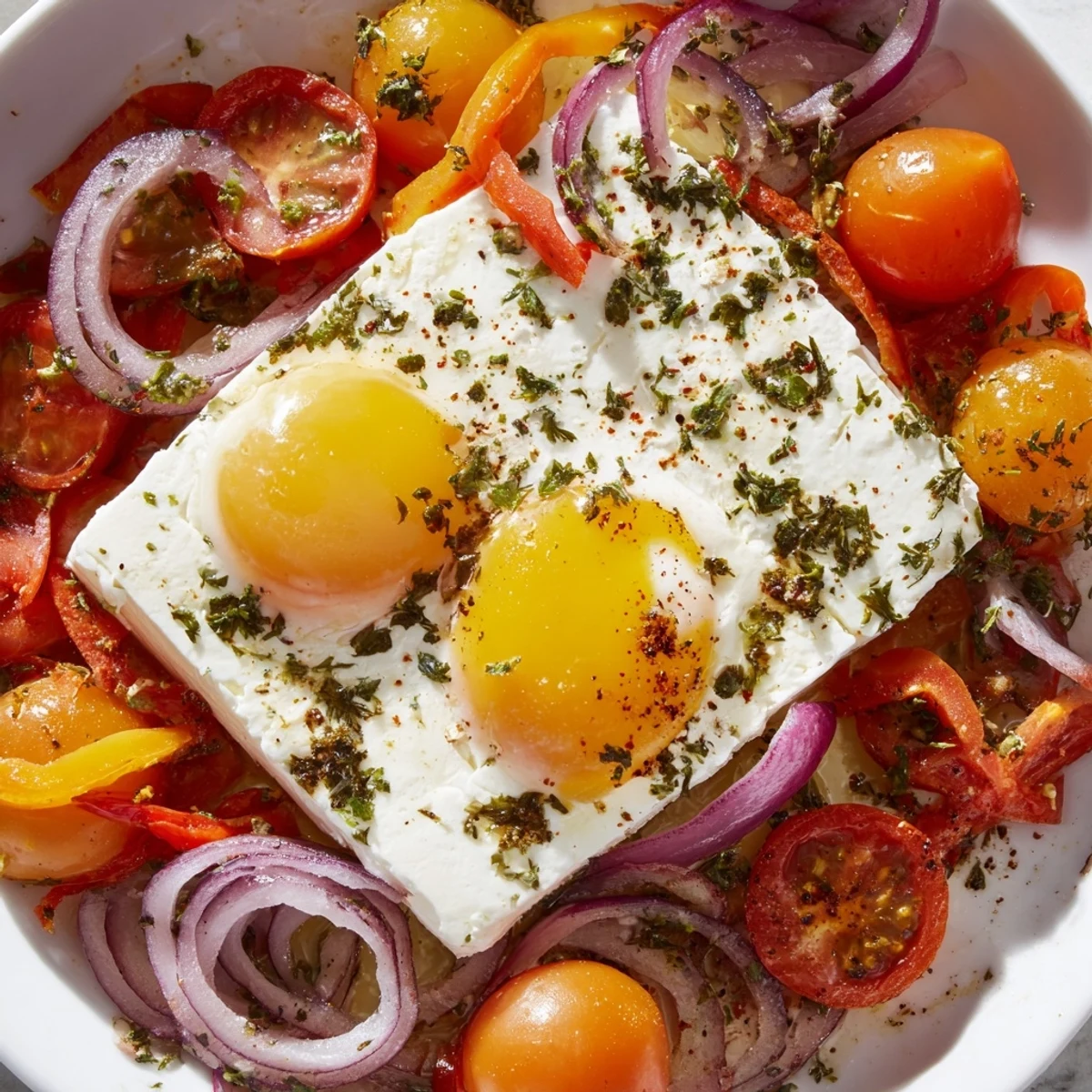 Mediterranean Baked Feta & Eggs: A close-up shows the bubbly, cheesy egg bake with fresh herbs sprinkled.
