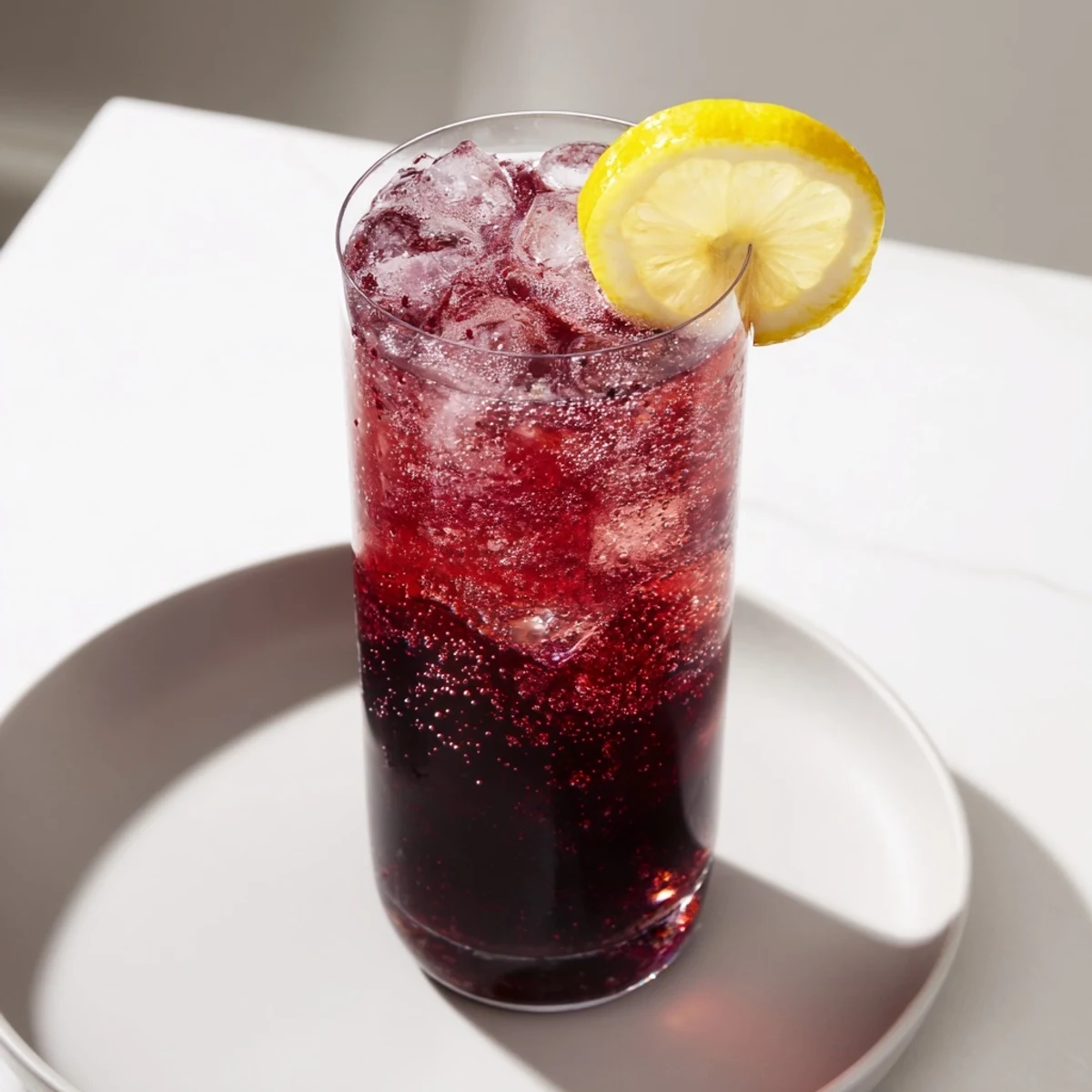 Enjoy a calming Sleepy Girl Mocktail, a refreshing cherry-based drink with a lemon twist and ice.