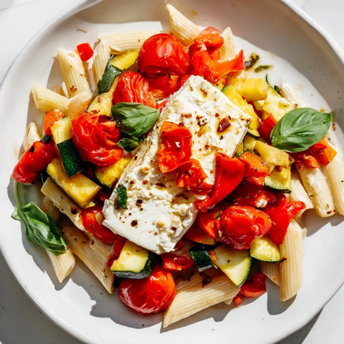 A bubbly baking dish of creamy Baked Feta Pasta 2.0 with roasted vegetables, ready to serve.