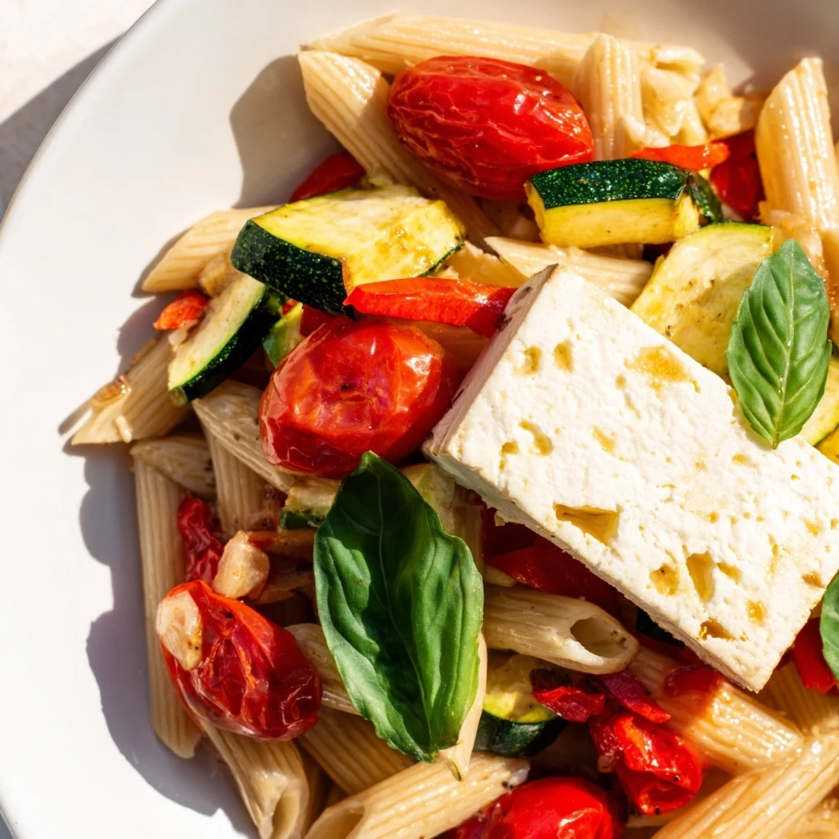 Flavorful Baked Feta Pasta 2.0 with a dusting of fresh basil, perfect for a vegetarian meal.