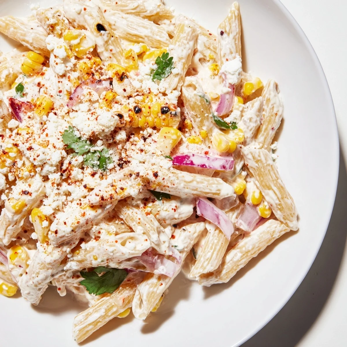This creamy Mexican Street Corn Pasta showcases charred corn, cotija cheese, and cilantro.