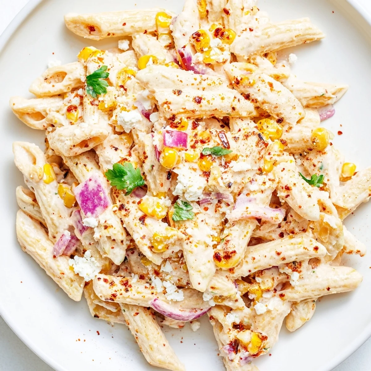 Chilled Mexican Street Corn Pasta, with vibrant veggies ready to be served and enjoyed.