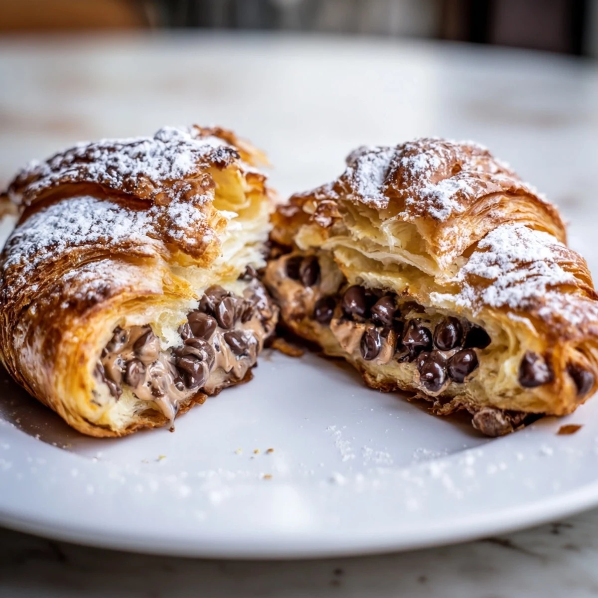 Flaky, buttery Croissant Cookie pastry, oozing with soft, gooey chocolate chip cookie dough for dessert.