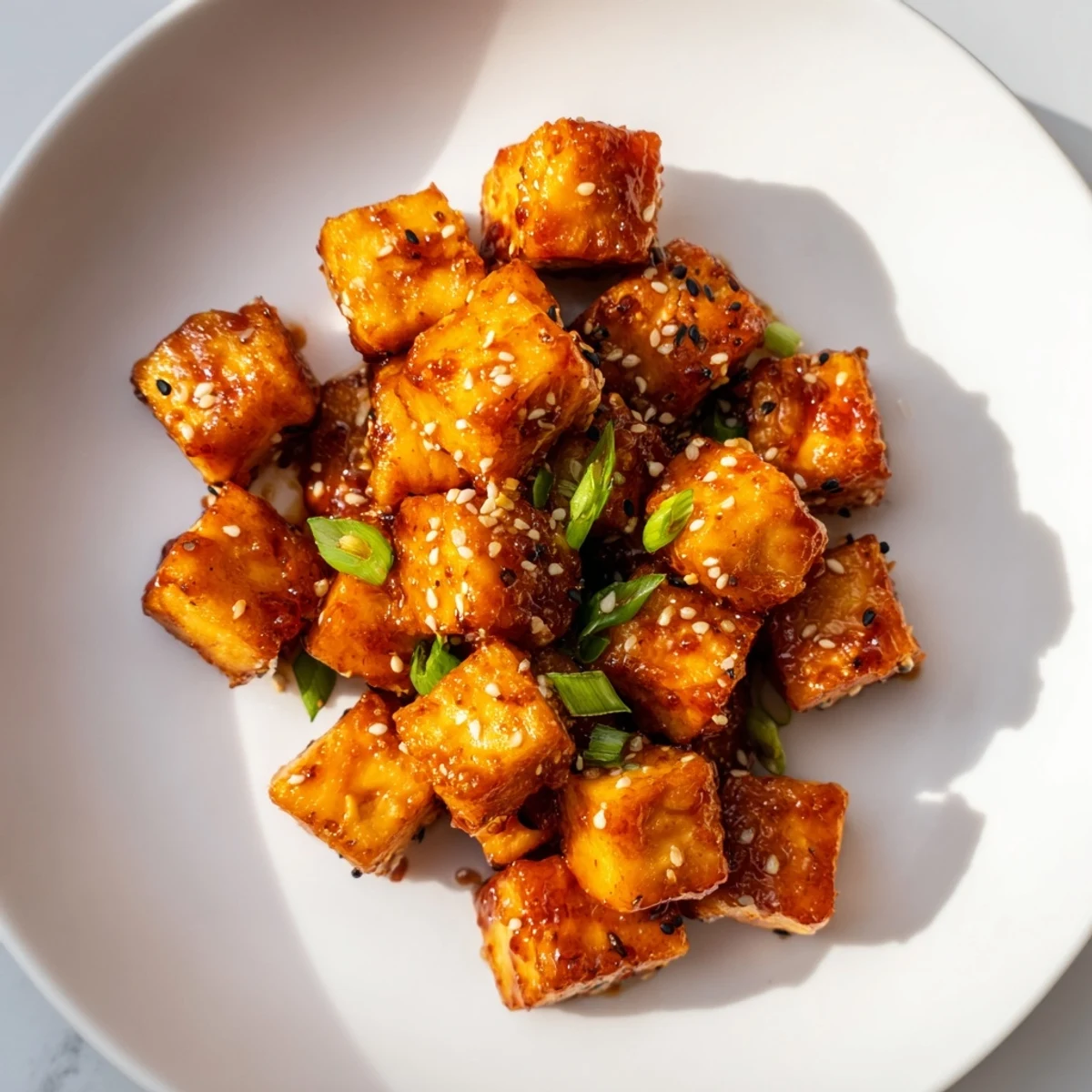 Golden, crispy Honey Gochujang Tofu glistening with a sweet and spicy, tempting glaze.