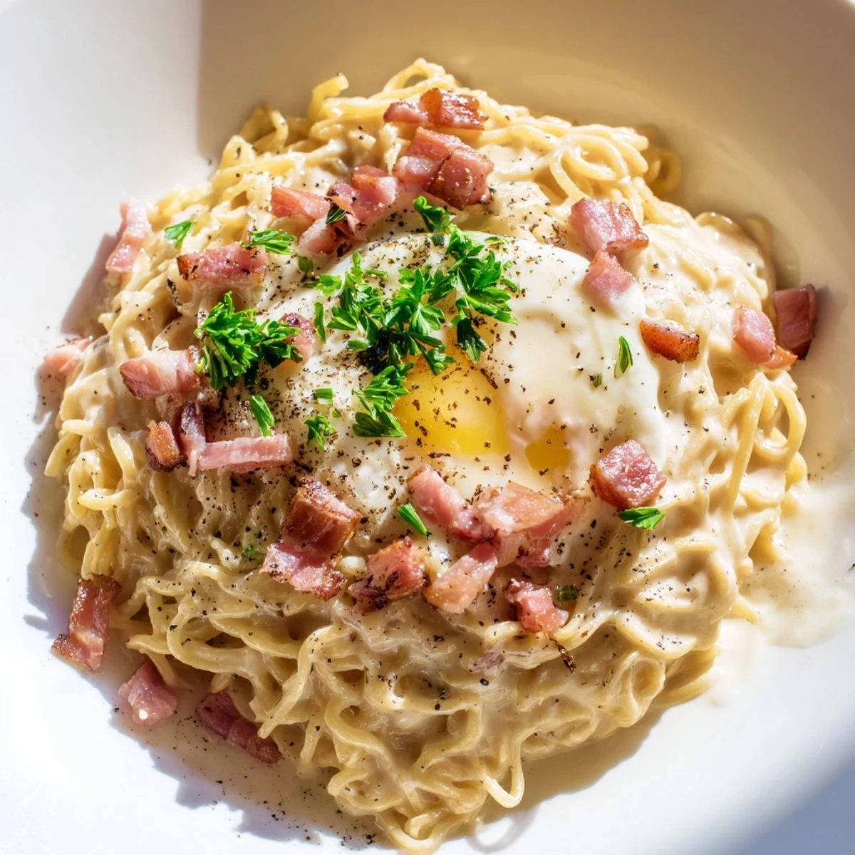 Ramen Carbonara Hack: Creamy noodles coated in rich egg and cheese sauce, a quick, easy, delicious lunch.