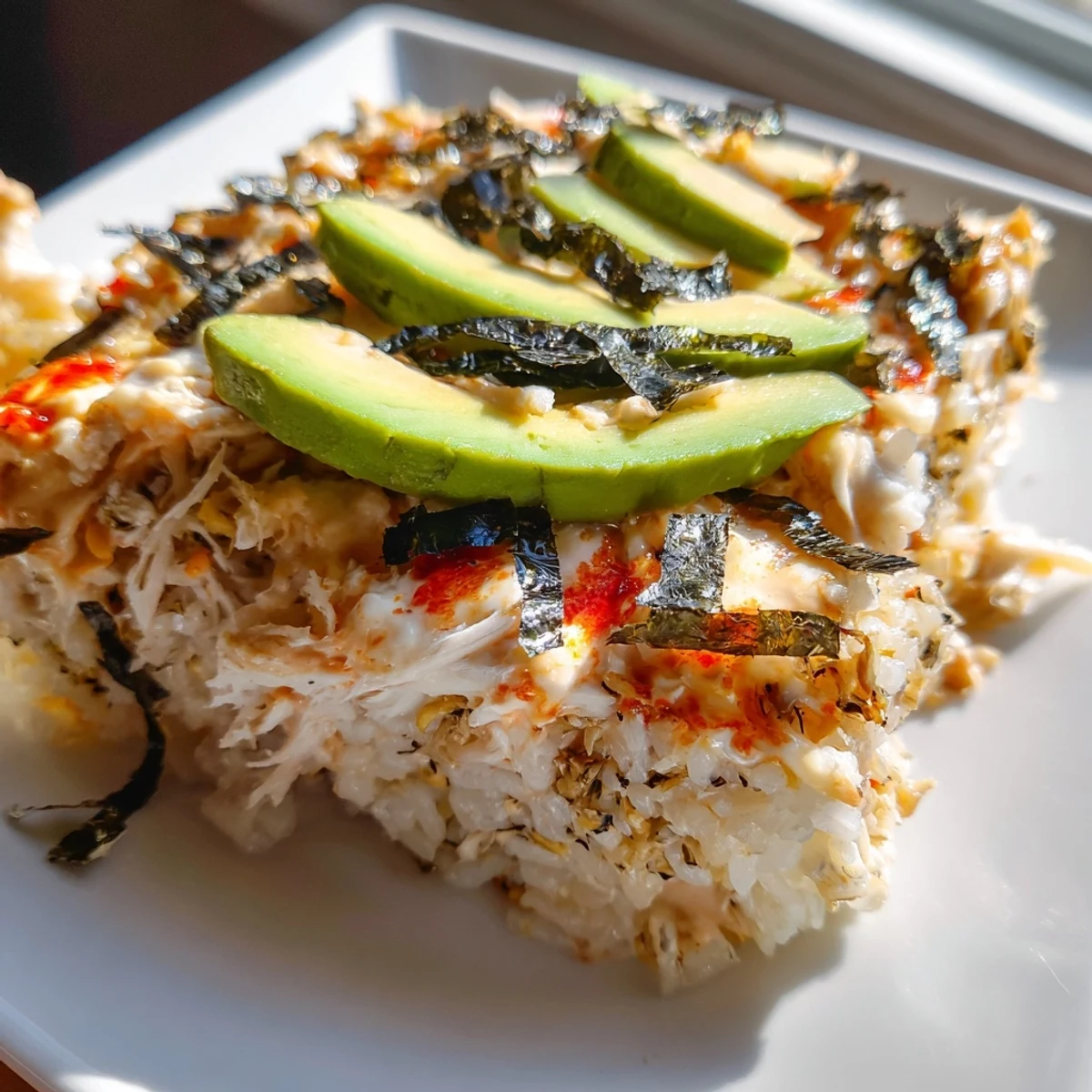 Golden, bubbly Chicken Sushi Bake, a creamy casserole perfect with avocado and nori strips.
