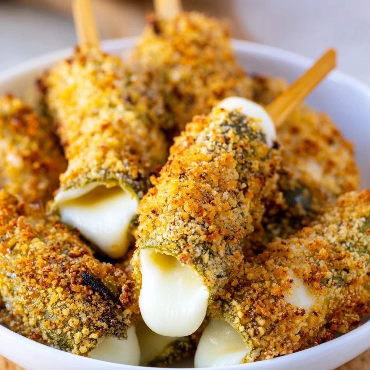 Golden-brown Crispy Chickle Bites, cheesy and pickle-filled, ready to serve with ranch dressing.
