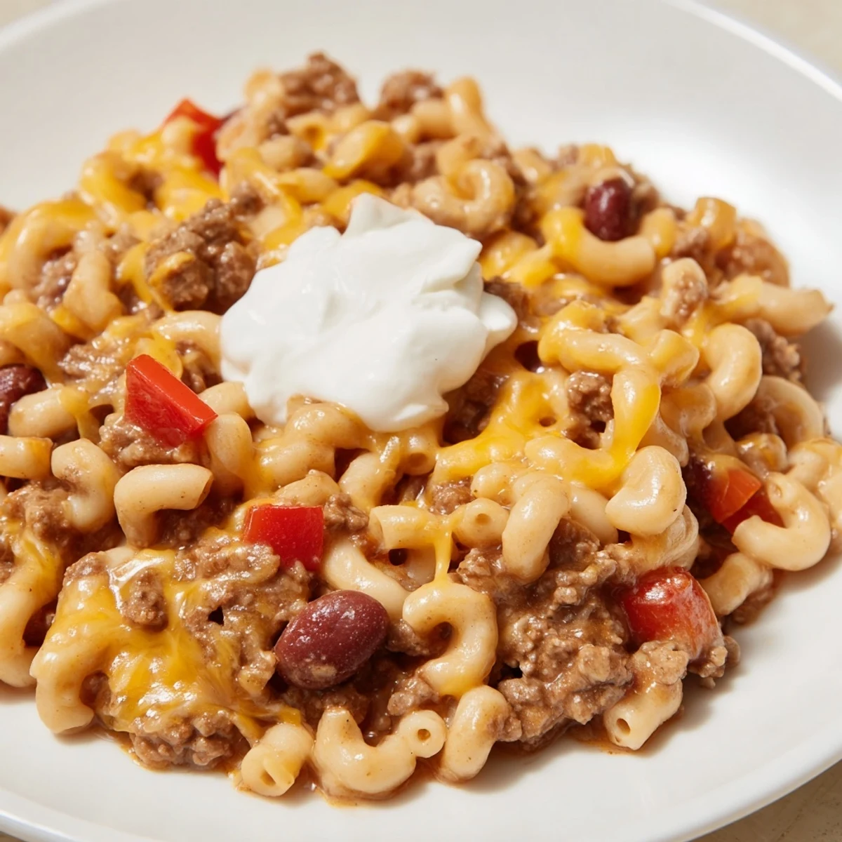 Steaming bowl of One-Pot Chili Mac topped with melted cheddar cheese, ready to eat.