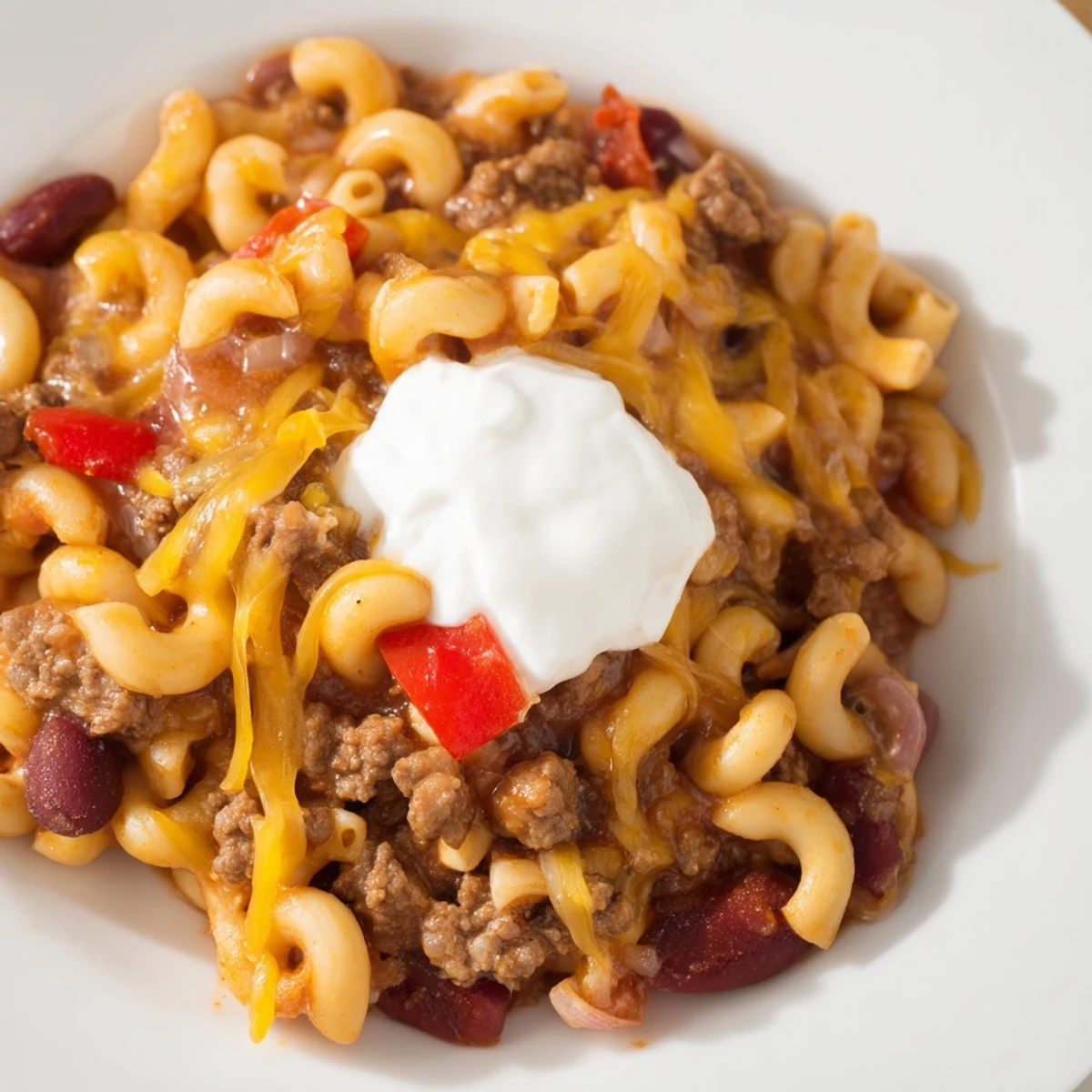 A close-up of creamy One-Pot Chili Mac, perfect for dinner, topped with sour cream.