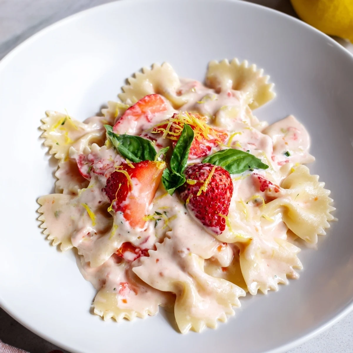 A close-up of the strawberry sour cream pasta, highlighting the pink sauce and al dente pasta.