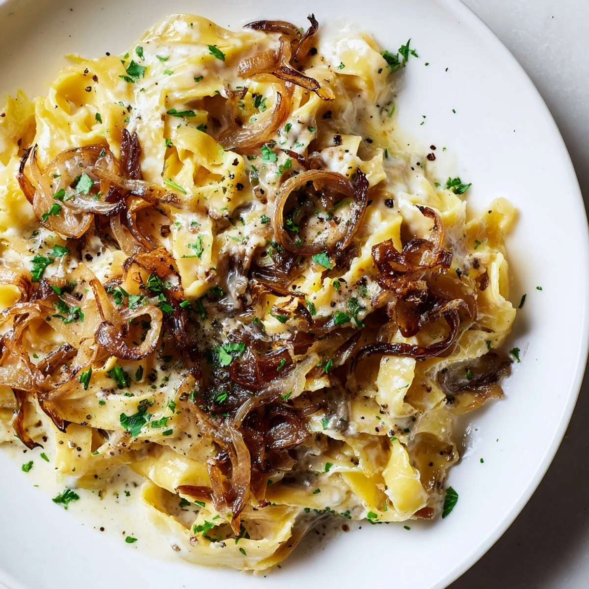 One-Pot French Onion Pasta, featuring golden caramelized onions and bubbling melted Gruyère cheese, ready to serve.