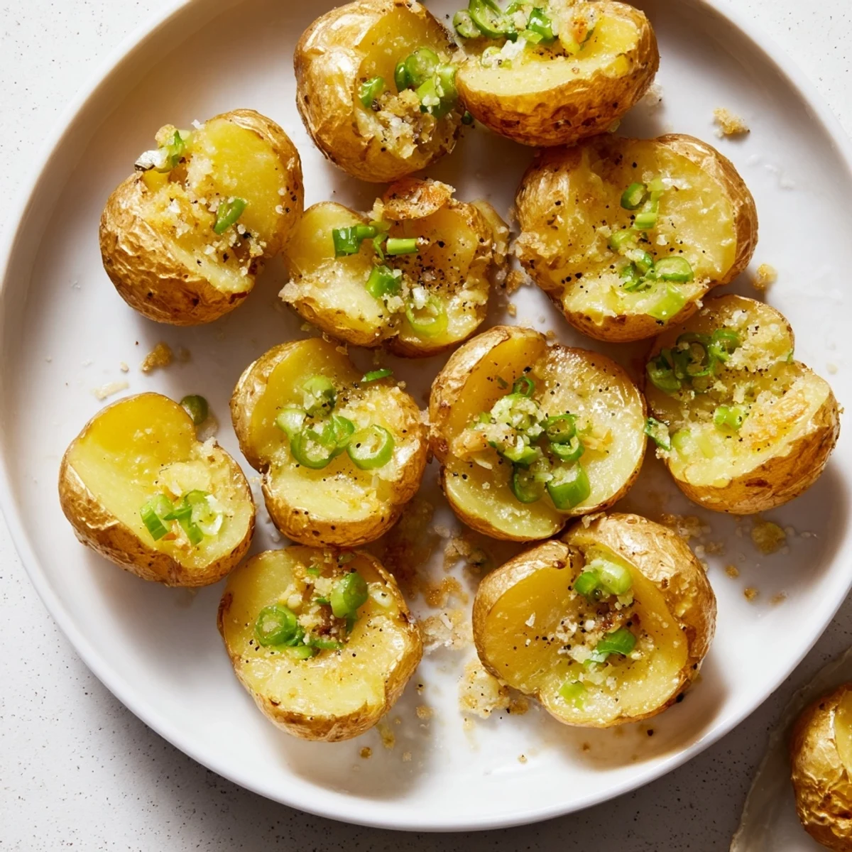 Golden-brown Smashed Green Onion Potato Bombs, crispy edges with a burst of fresh scallion flavor, delicious!