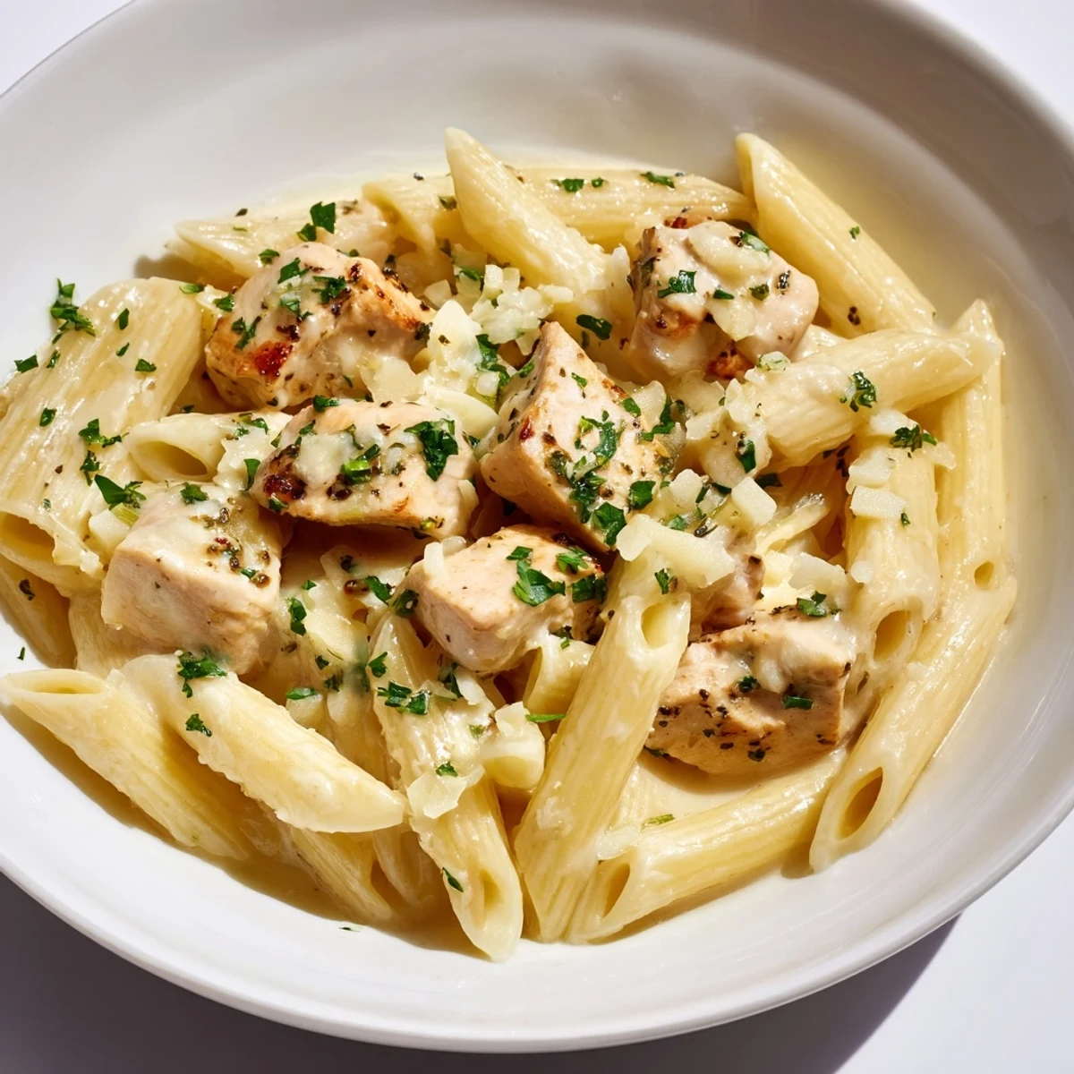 Quick Garlic Parmesan Chicken Pasta: A close-up of creamy, cheesy pasta with golden chicken pieces.