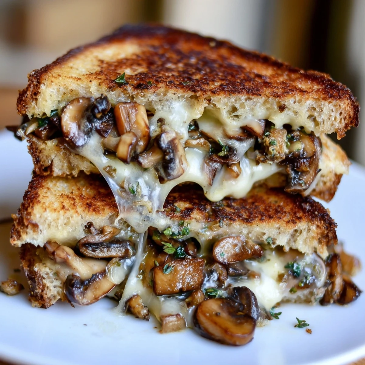 The warm, inviting aroma of a creamy mushroom grilled cheese, served with a side of soup.