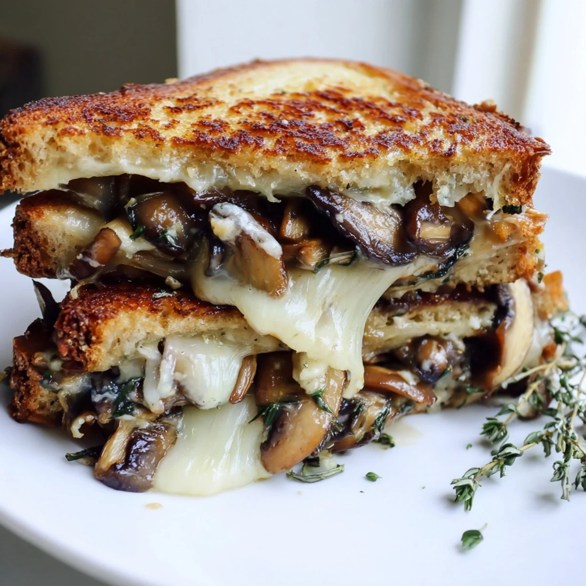 Creamy mushroom grilled cheese dripping melty cheese, with golden-brown bread and savory filling.