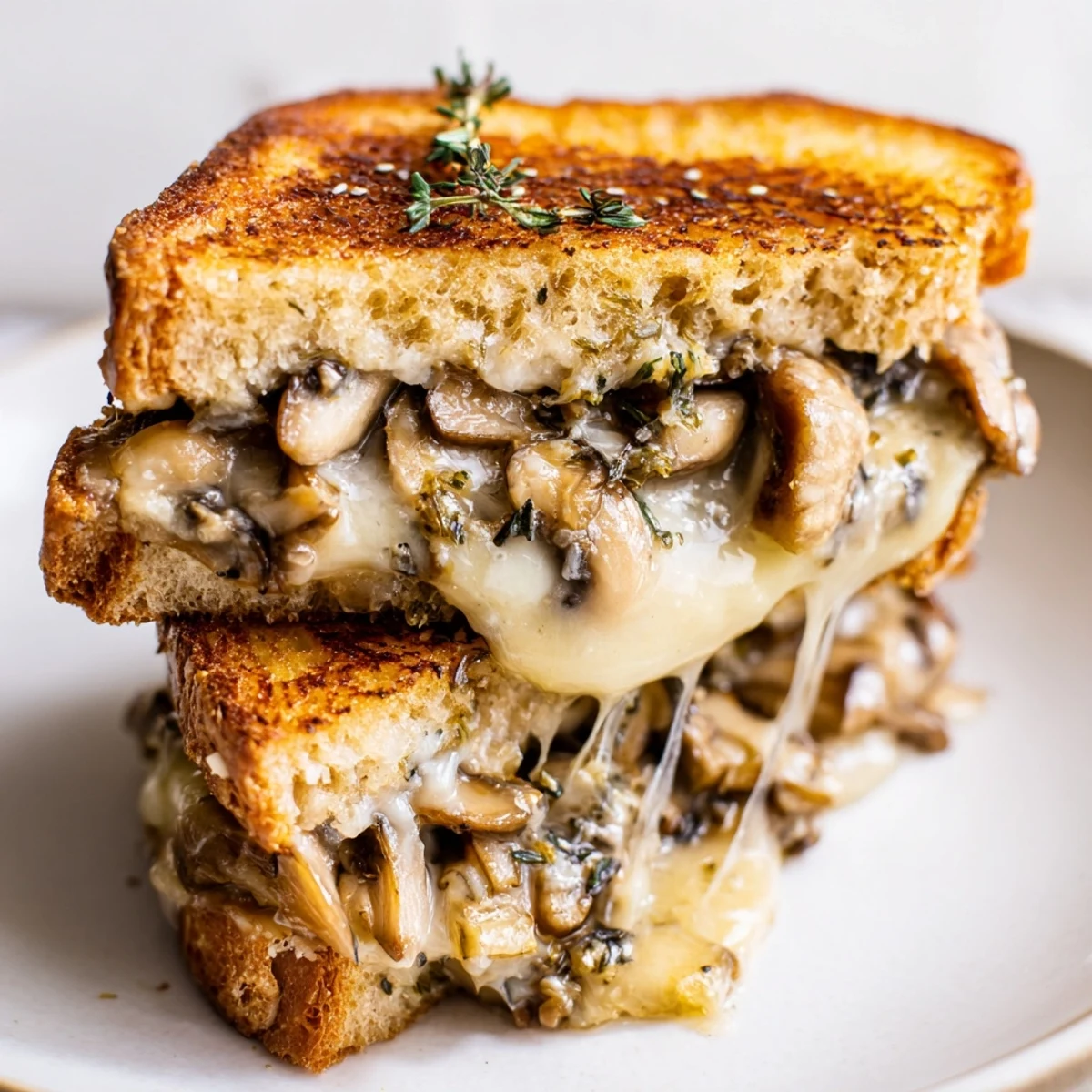 Golden-crusted creamy mushroom grilled cheese, showcasing a comforting, cheesy, mushroom-filled delight.