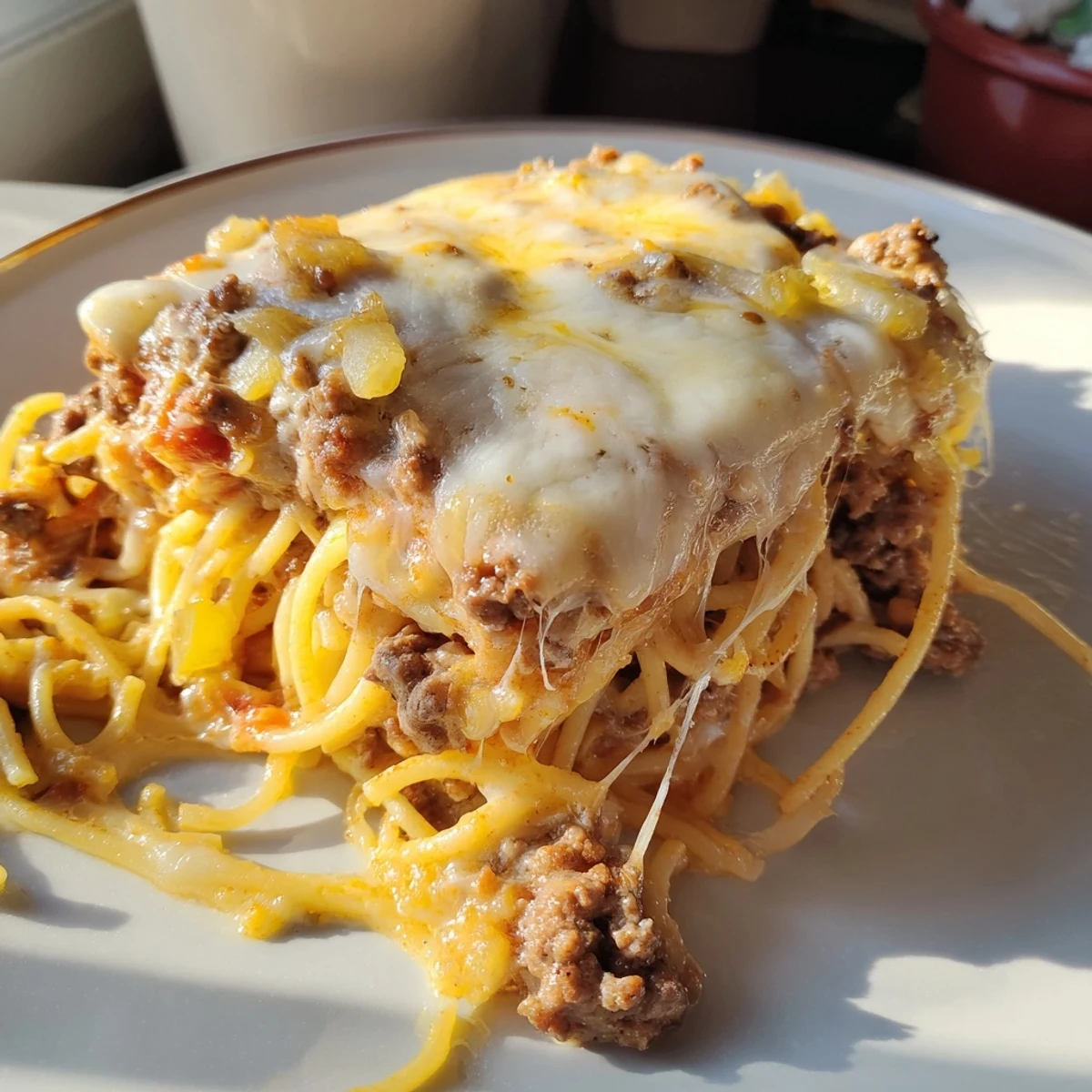 Golden brown, bubbly Million Dollar Spaghetti with melted cheese, promising a savory, satisfying dinner.
