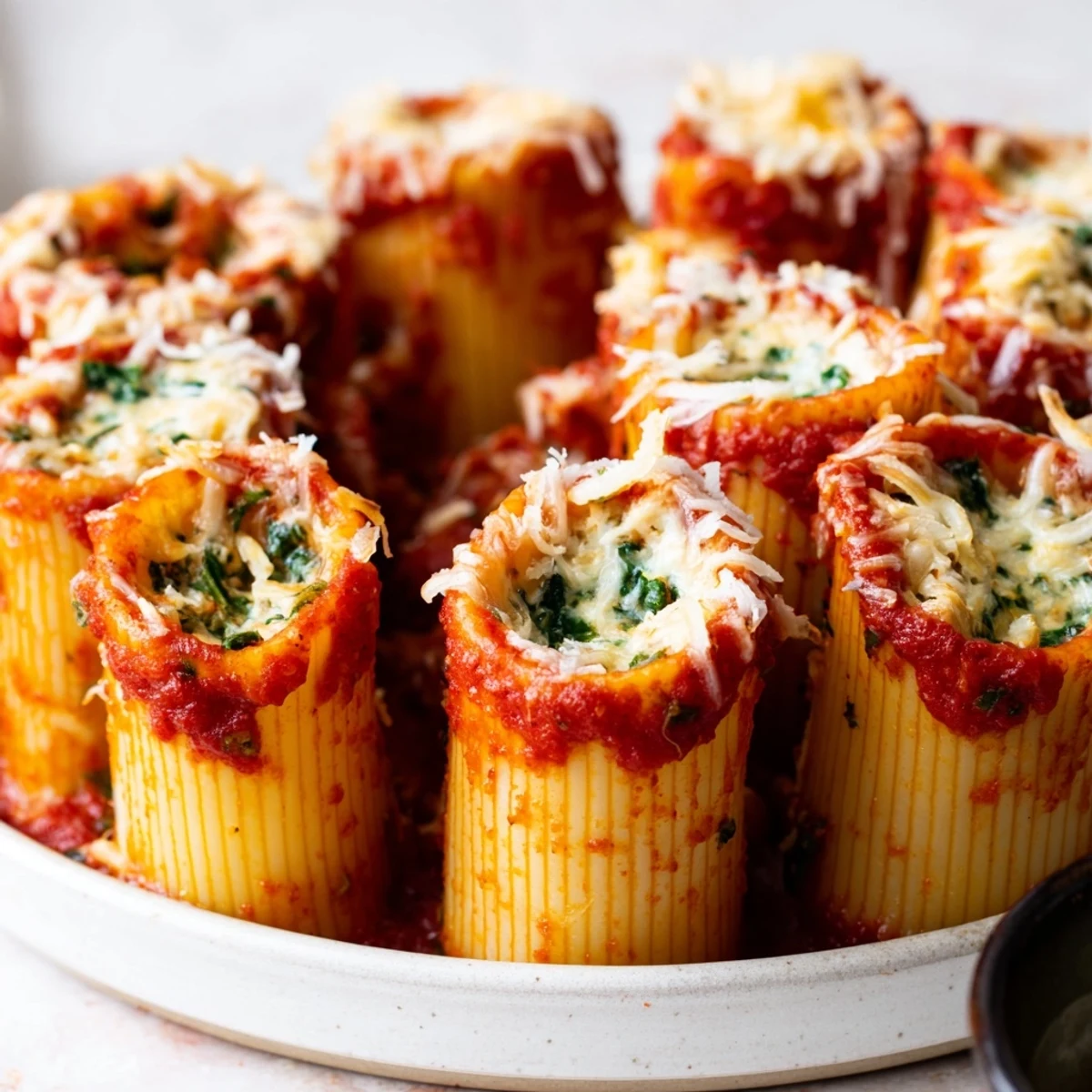 Golden-baked honeycomb pasta bake, with upright rigatoni tubes in a rich marinara sauce, bubbling.