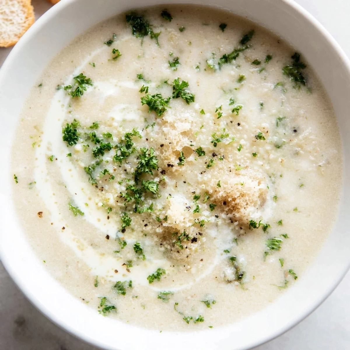 A close-up of a bowl of warm, Creamy Garlic Bread Soup topped with fresh parsley for serving.