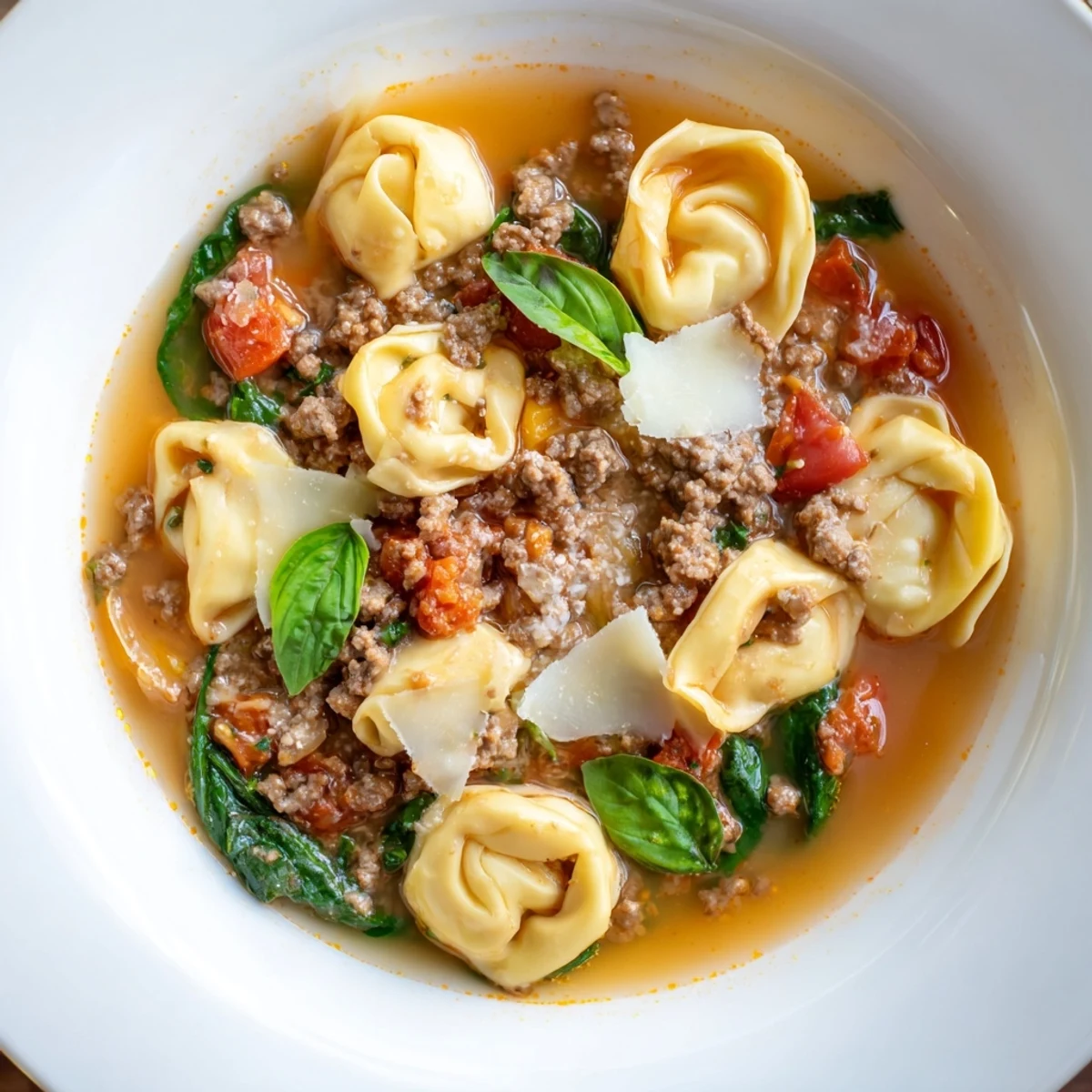 Steaming bowl of Tortellini Beef Soup, garnished with Parmesan and fresh basil, ready to eat.