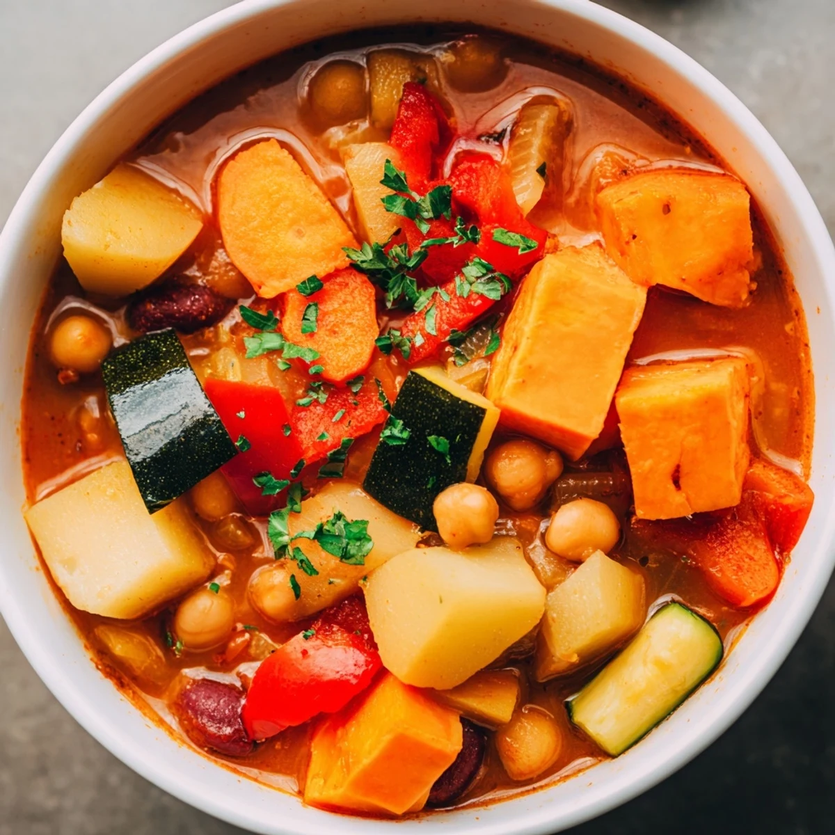 Hearty Vegan Sweet Potato Stew, steaming and aromatic, with chunks of sweet potato and flavorful vegetables.