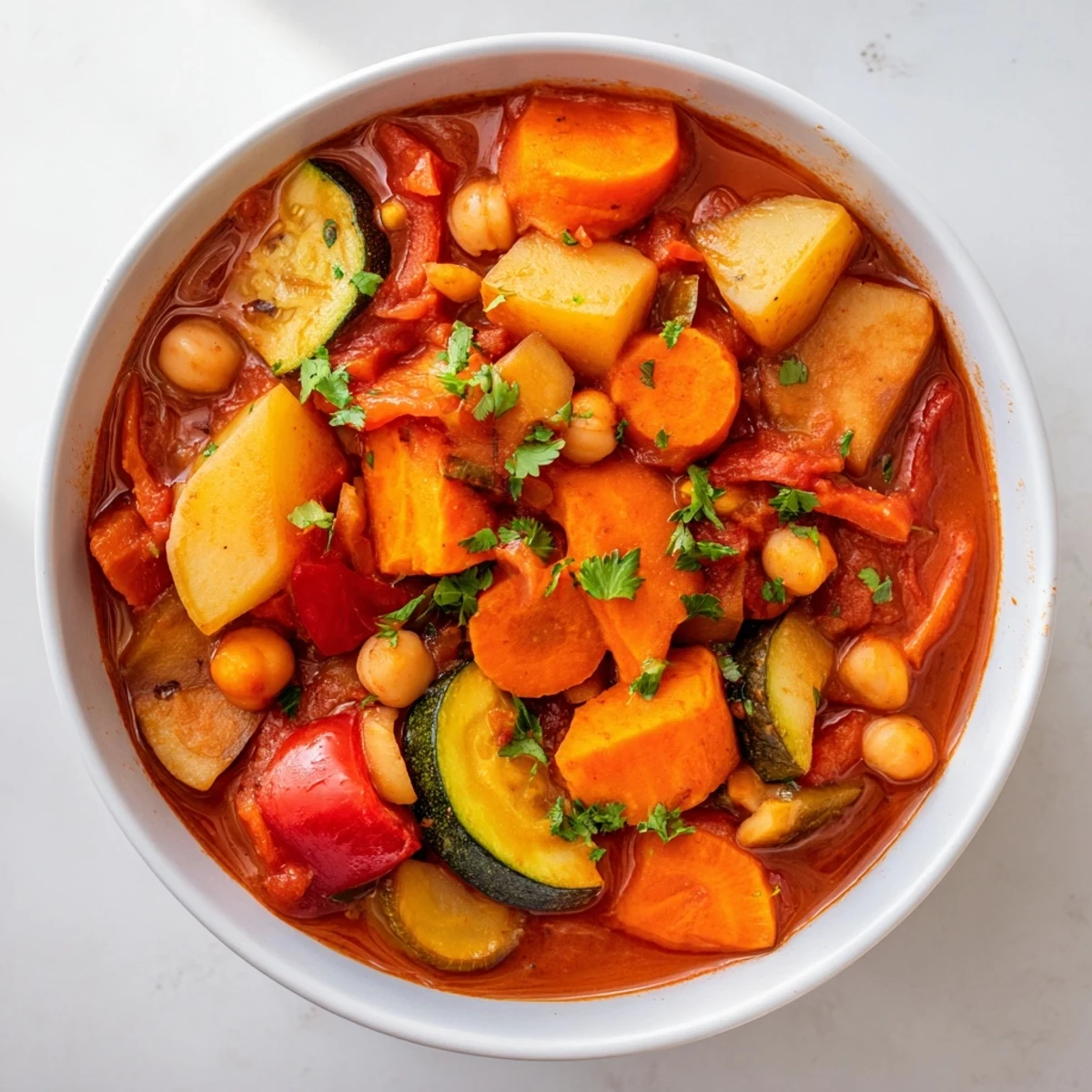 This vibrant bowl of Hearty Vegan Sweet Potato Stew showcases a rich tomato broth with tender beans.