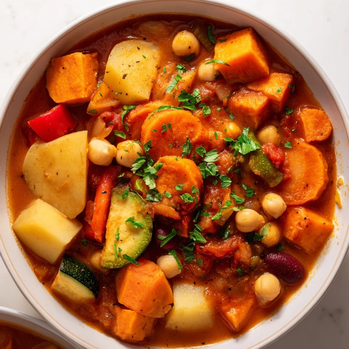 Flavorful Hearty Vegan Sweet Potato Stew, ready to serve, is garnished with fresh parsley and lemon wedges.