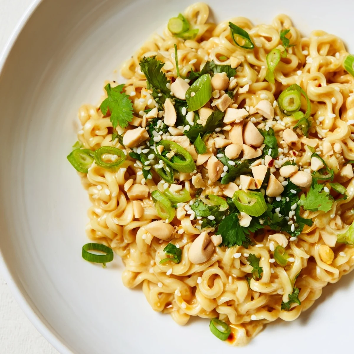 Steaming hot Instant Peanut Thai Sauce Noodles, coated in a rich, glossy peanut sauce, ready to eat.