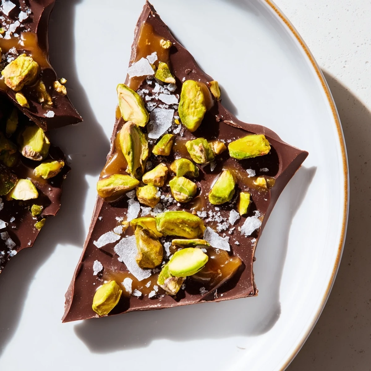 A close-up of finished Pistachio Salted Caramel Bark, showcasing the layers and texture, ready to serve.