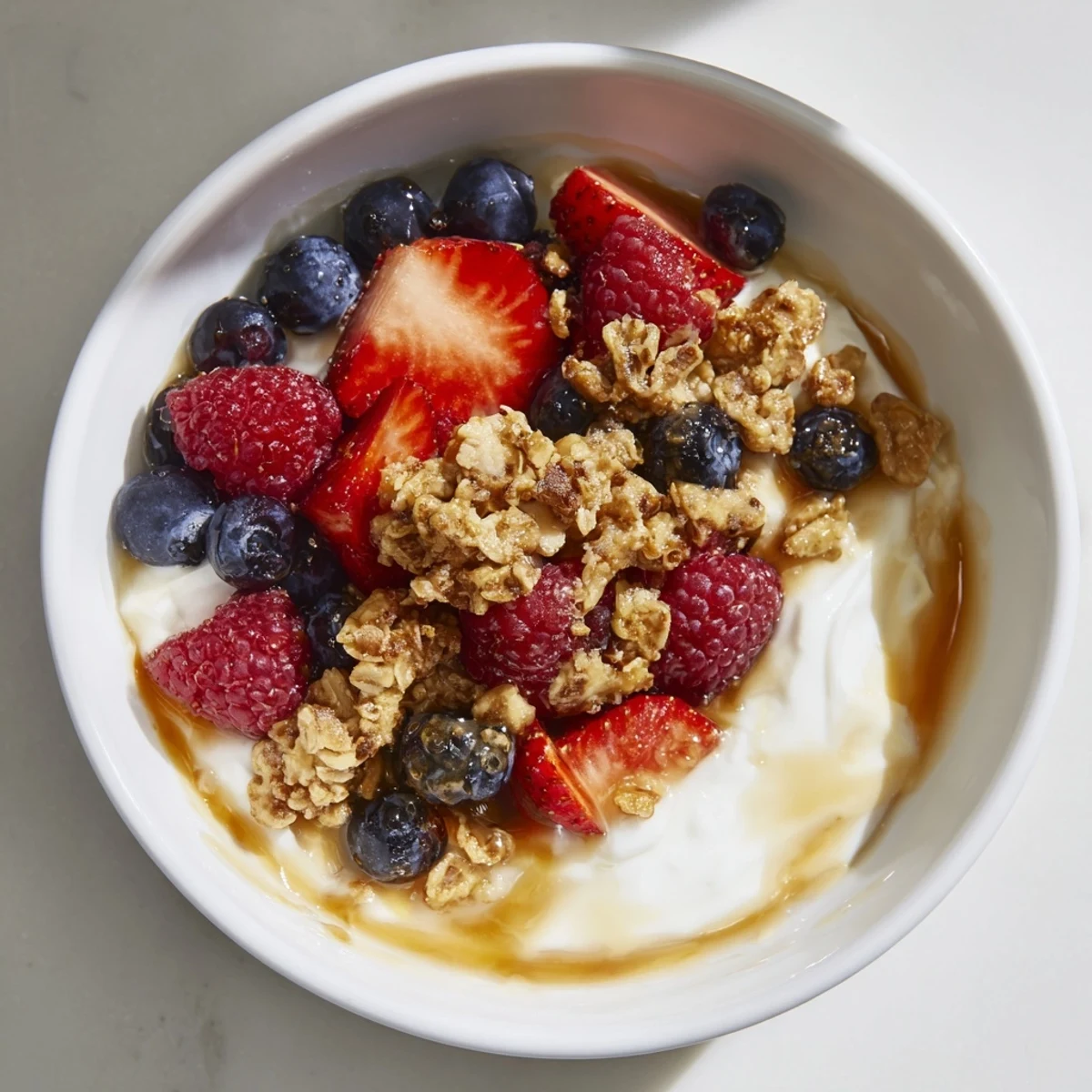 Fresh berries and granola nestle on creamy cottage cheese in this picture of a hot honey bowl.