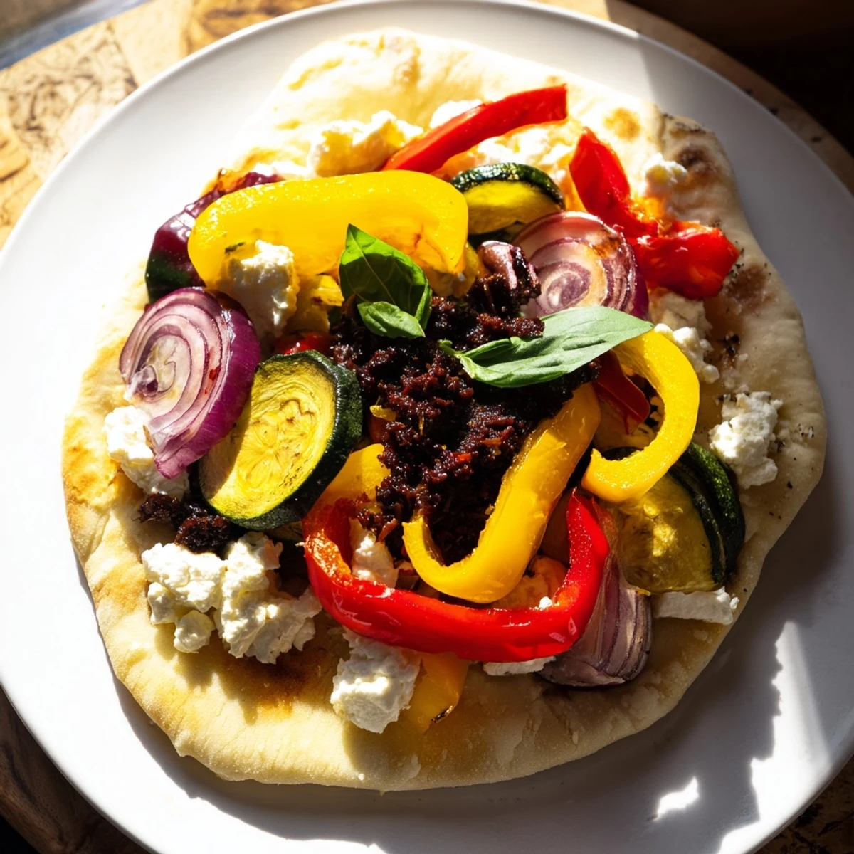 Crispy naan bread pizza featuring a medley of Mediterranean flavors, ready to eat.