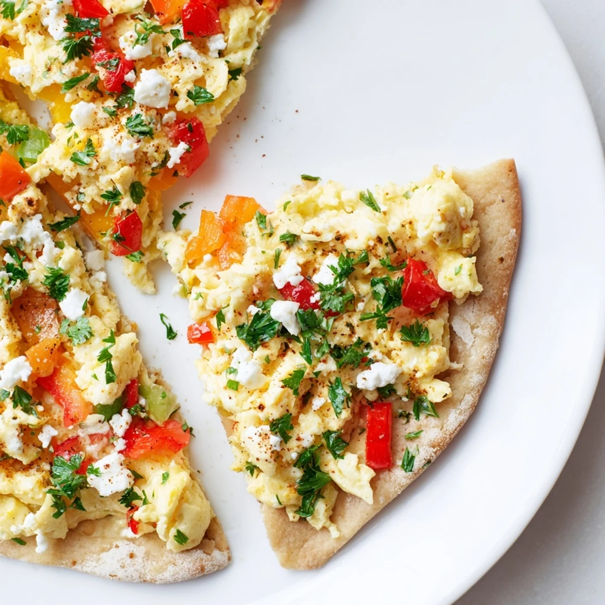Golden-crusted Turkish Menemen Eggs Pizza topped with vibrant menemen and crumbled feta, ready to serve.
