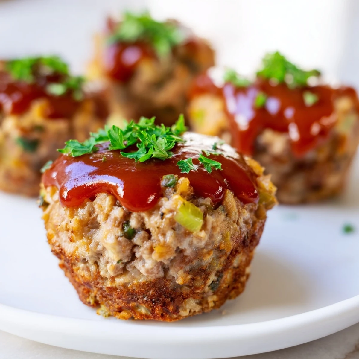 Golden, glazed mini meatloaf bites fresh from the oven, ready to serve with a tangy flavor.