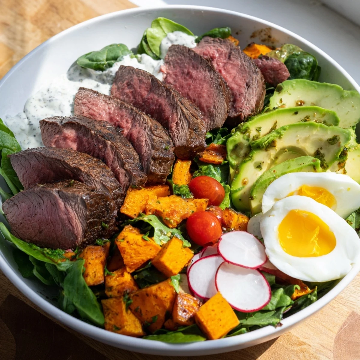 A delicious High-Protein Beef Avocado Bowl featuring sliced beef and creamy avocado atop fresh greens, ready to enjoy.