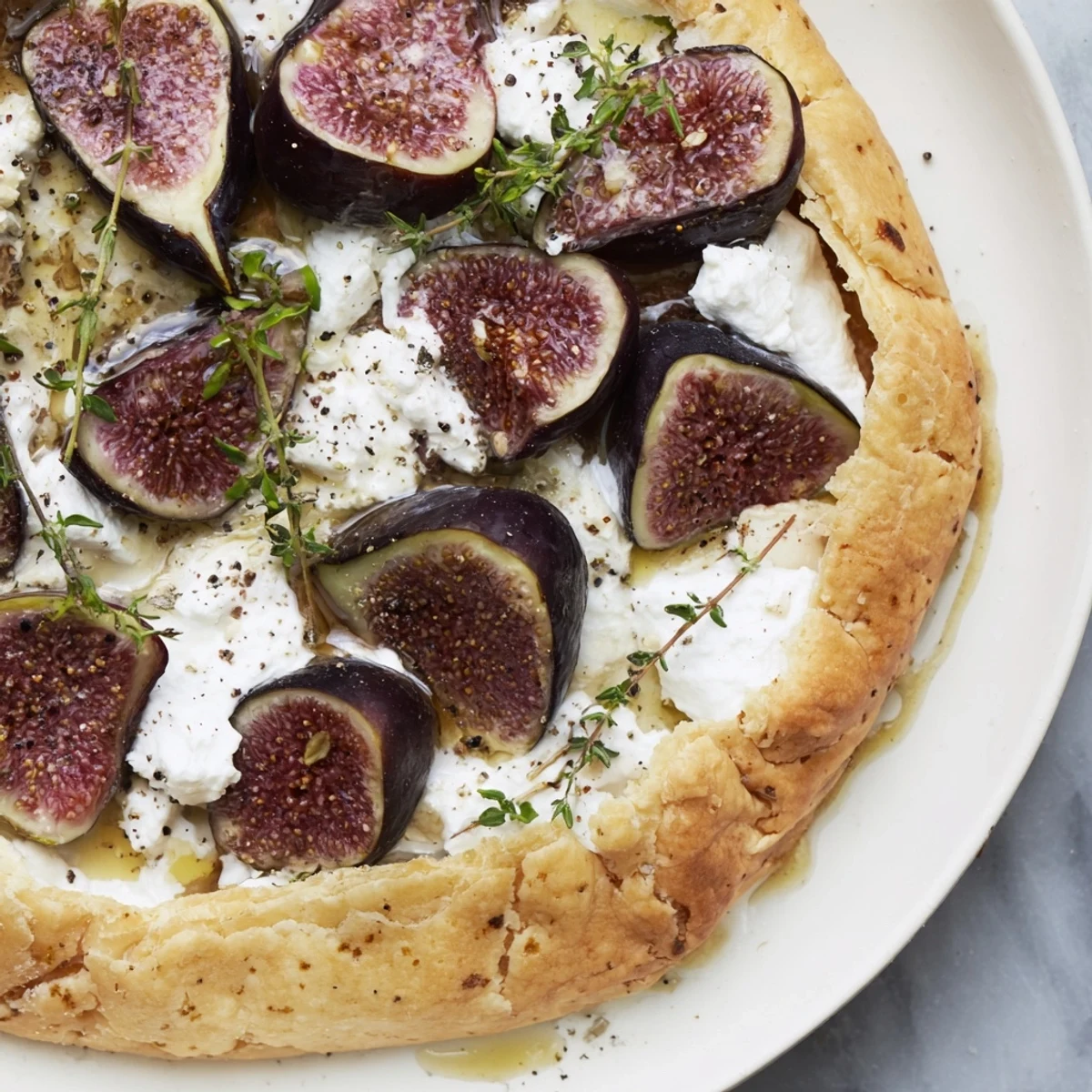Golden-brown puff pastry truffle pizza enticingly displays fresh figs, goat cheese, and drizzled honey—a gourmet appetizer.