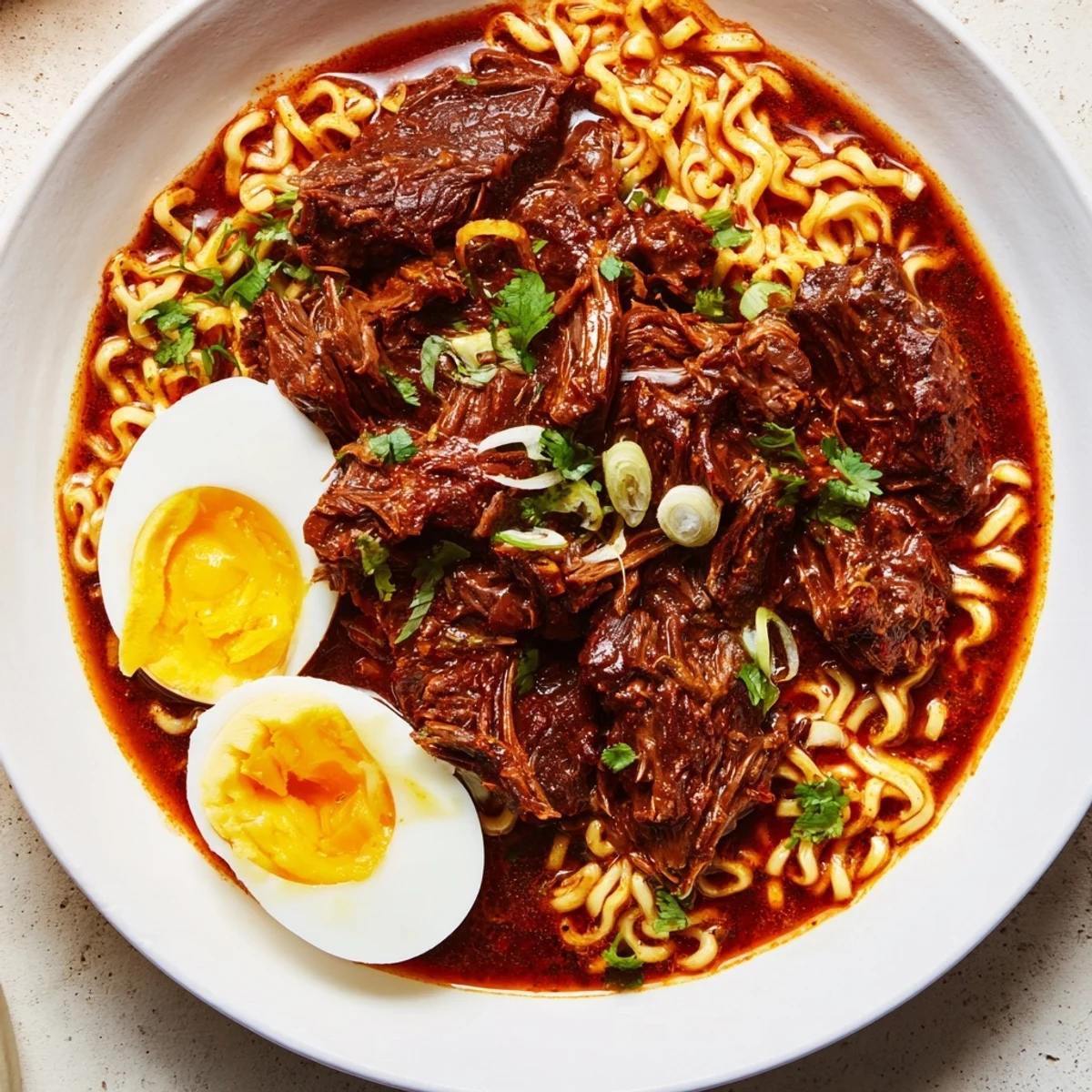 Steaming bowls of Chaos Cooking Birria Ramen, with layers of flavorful broth and toppings.