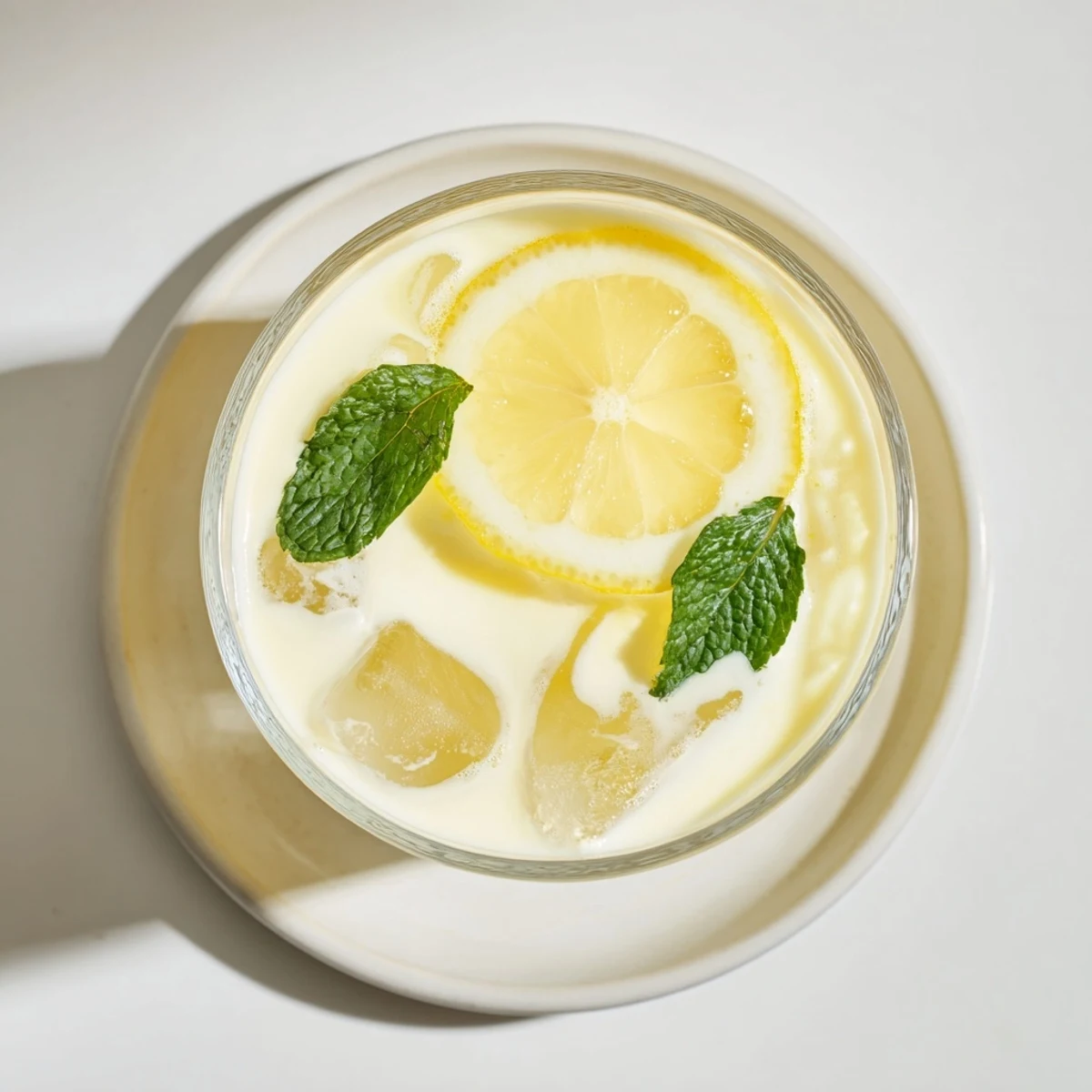 Two glasses of creamy lemonade drink filled with ice, garnished with fresh lemon slices and mint leaves on a sunny porch table.  