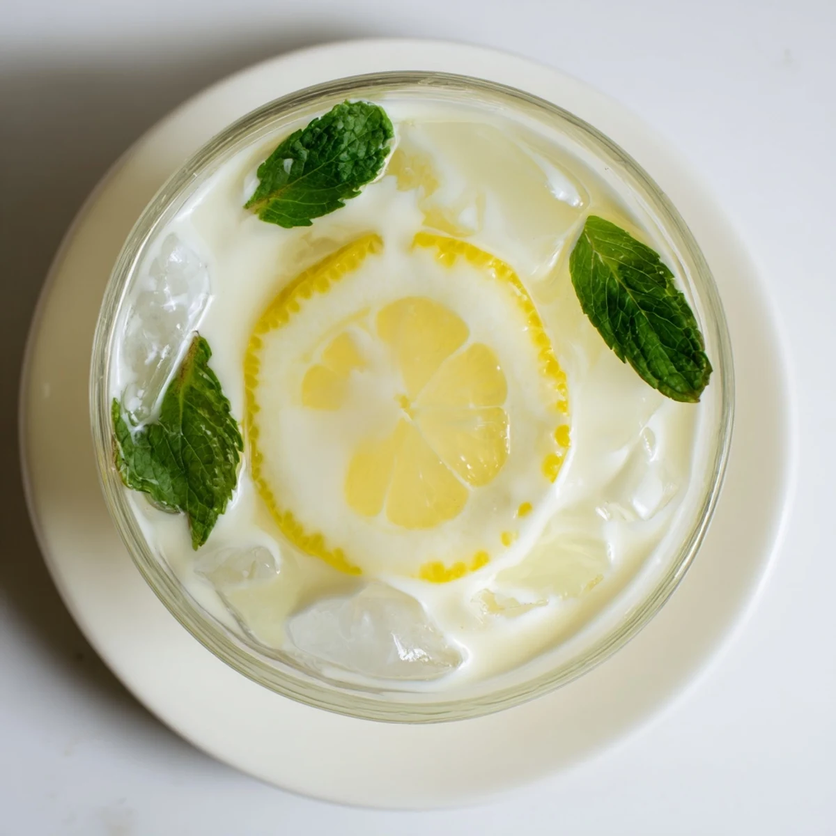 Close-up of creamy lemonade drink in a glass, condensation beading on the side, mint sprig and lemon wheel on top.