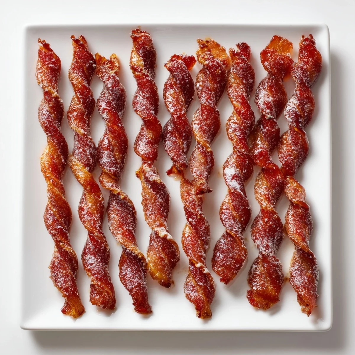 Twelve golden, crispy Spiced Bacon Twists baked on a wire rack with caramelized brown sugar and cinnamon glaze.