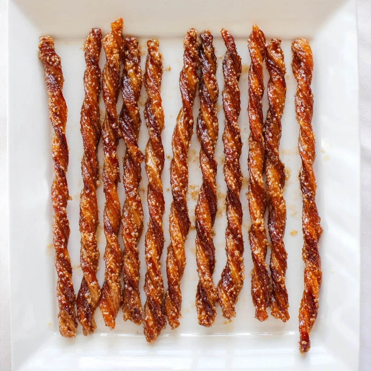 Baked Spiced Bacon Twists arranged on parchment, showcasing crunchy edges and sweet, smoky aroma for brunch or parties.