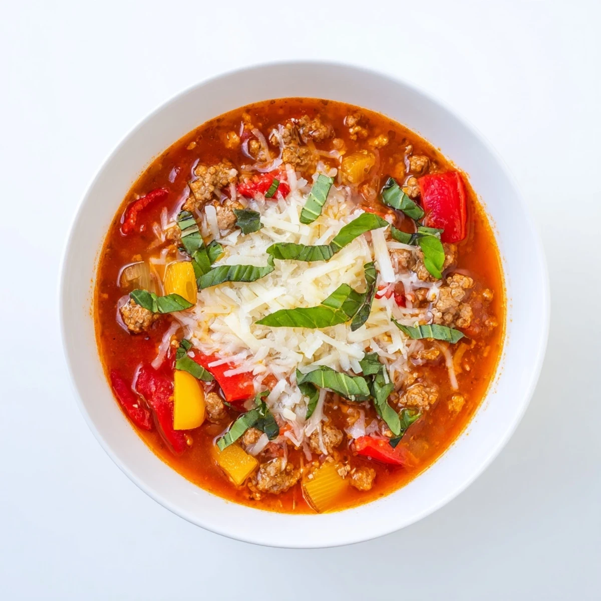 A steaming bowl of hearty Pizza Soup, topped with melted mozzarella and fresh basil, served alongside crusty bread for dipping.