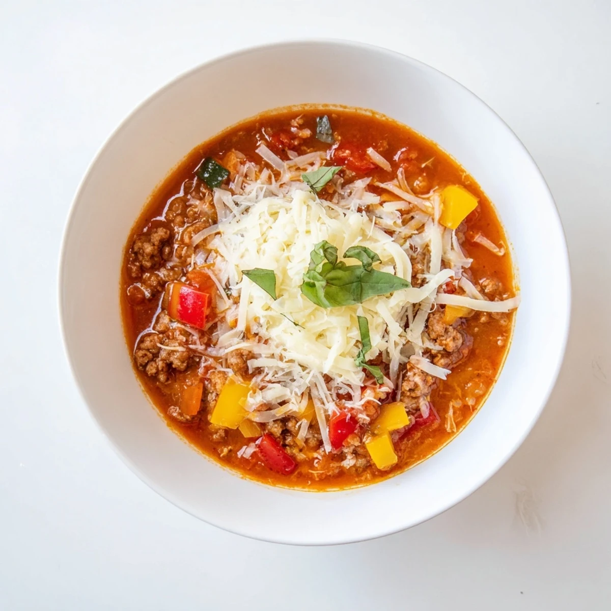 Close-up of Pizza Soup in a rustic bowl, showing gooey mozzarella and diced tomatoes, ready for a comforting family meal.