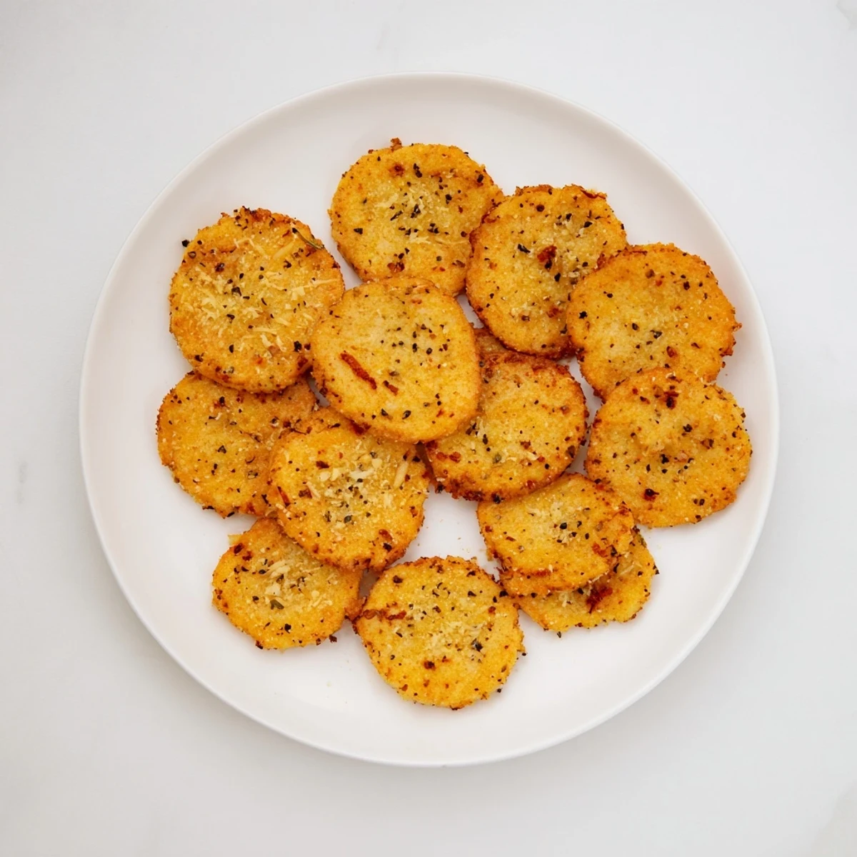 A close-up of golden, crispy cottage cheese chips arranged on a baking sheet, showing their delicate, crunchy edges.