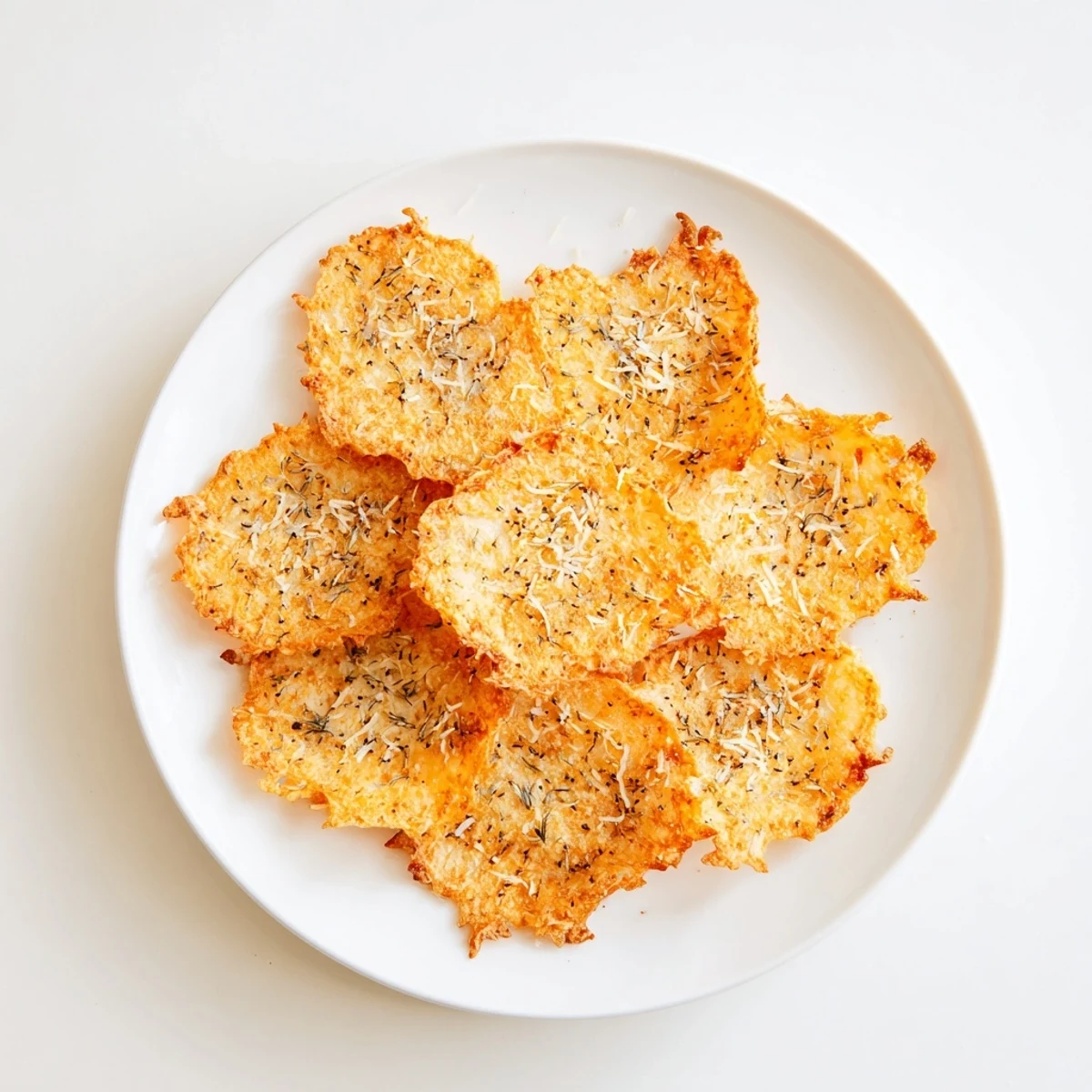 Golden-brown cottage cheese chips fresh from the oven, with a sprinkle of smoked paprika and garlic seasoning.