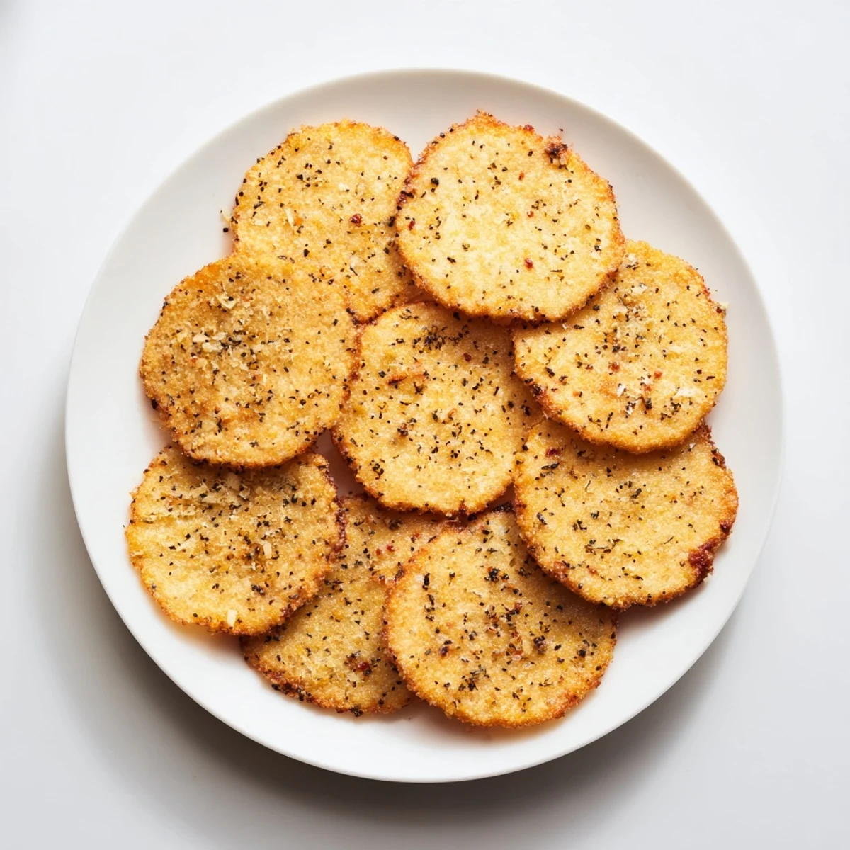 Four servings of baked cottage cheese chips on a white plate, perfect for a high-protein gluten-free snack.