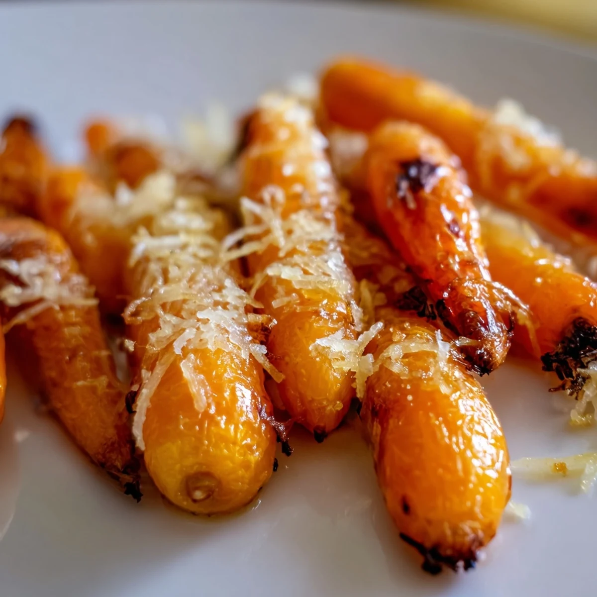 Roasted Parmesan Baby Carrot Chips with honey, golden and caramelized on a baking sheet.