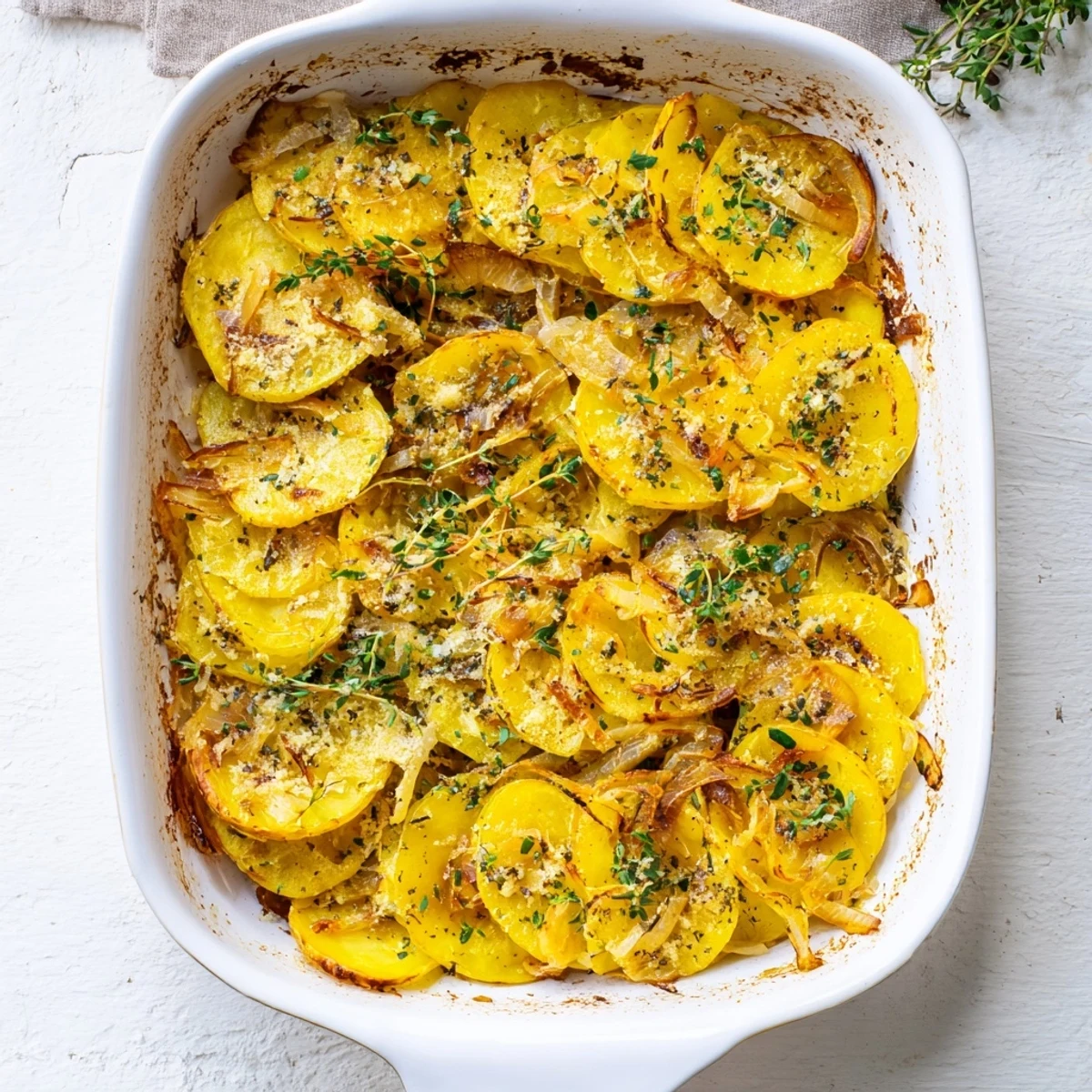 Sizzling French Onion Soup Potatoes feature golden roasted Yukon Gold slices layered with sweet, caramelized onions and melted Gruyère cheese.