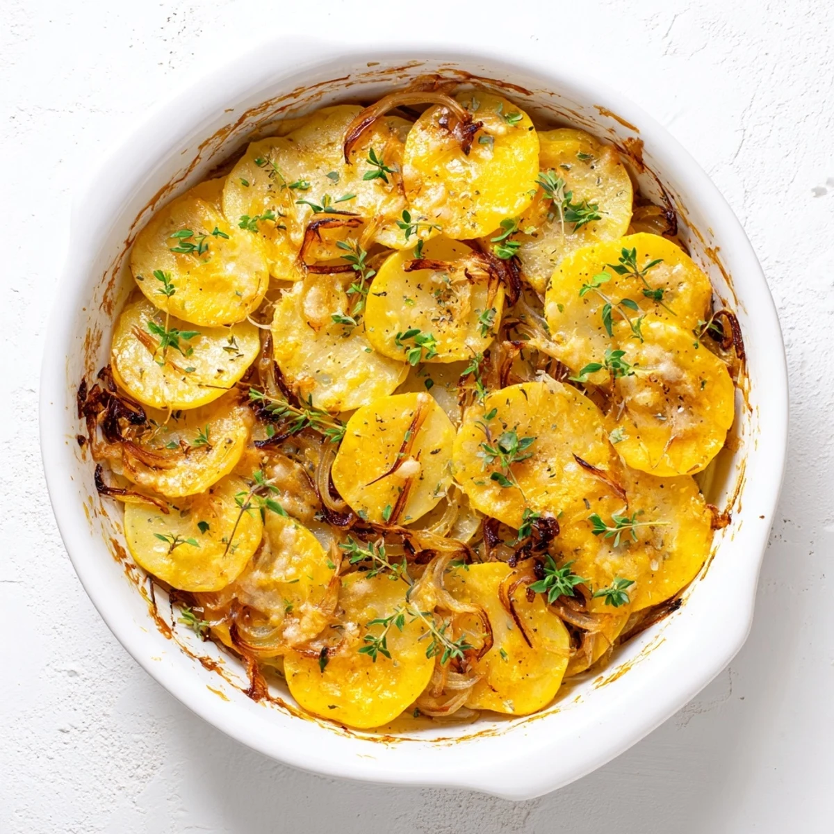 A close-up of bubbling French Onion Soup Potatoes in a ceramic dish, garnished with fresh parsley and ready to serve.