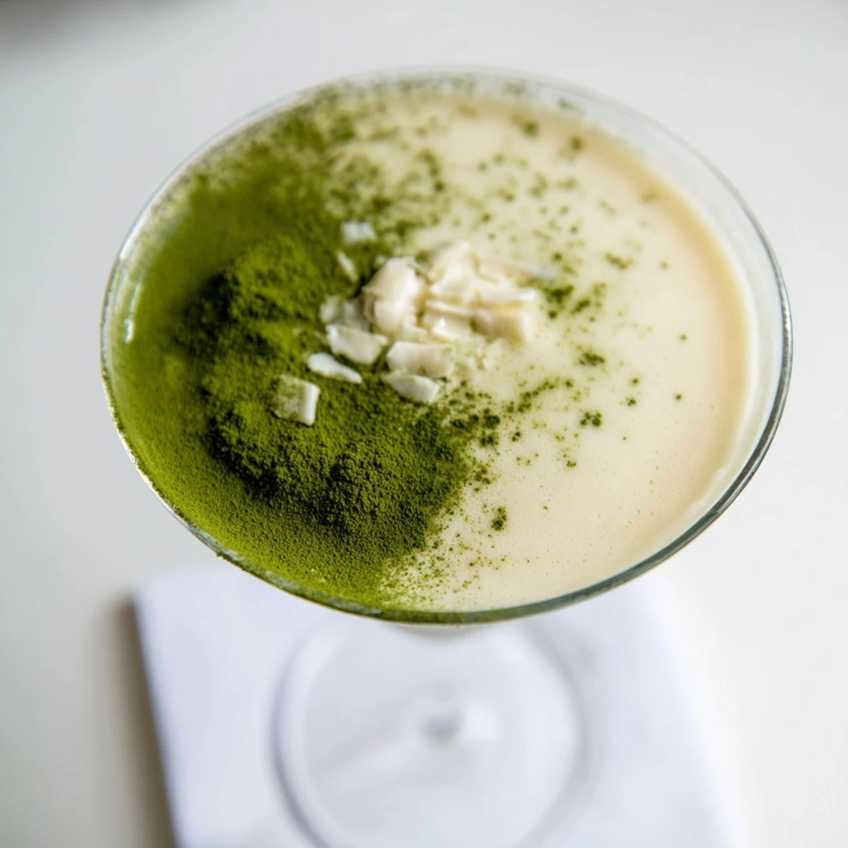 A vibrant Matcha Martini cocktail in a chilled glass, garnished with matcha powder dusting beside small white chocolate shavings.  